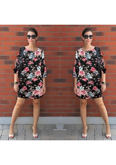 Kadın Uzun Kollu Bisiklet Yaka Dalgıç Mini Boy Elbise Desenli