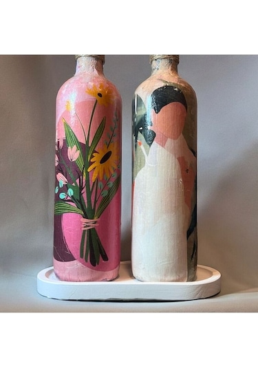 Yerli Kadın Ve Pembe Çiçek Motifli Özel Tasarım Yağdanlık-sirkelik Sosluk Seti Ev-mutfak Dekoru Çok Renkli