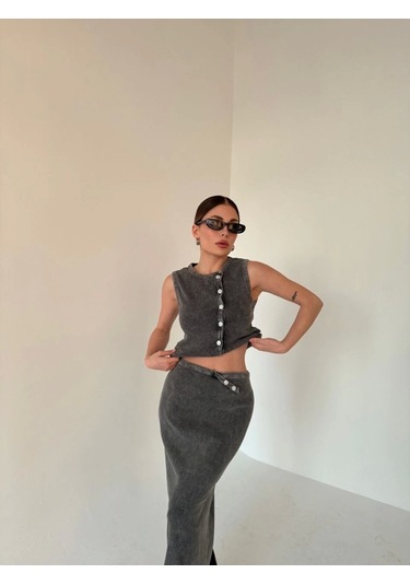 Uzun Etekli Önü Düğmeli Badi İkili Takım- Antrasit Antrasit