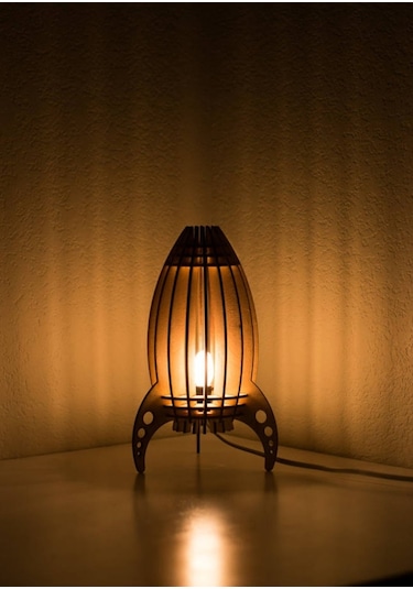 Çocuk Genç Odası için Doğal Ahşap Mdf Lazer Kesim Roket Abajur  - Kahverengi