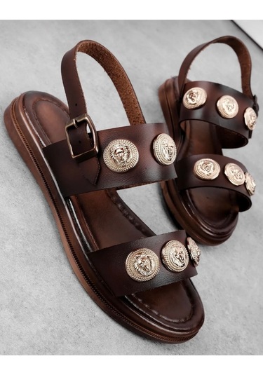 Düz Taban Bodrum Sandaleti Leather Sandal Kahverengi