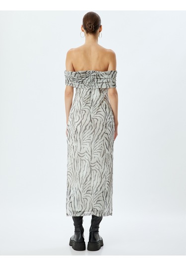Koton Uzun Tül Elbise Madonna Yaka Zebra Desenli Yırtmaç Detaylı Gri Desenli 4sal80229ık