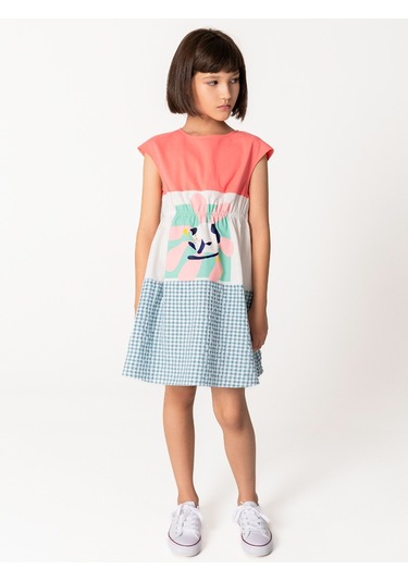 Sheshe Kısa Kollu Kareli Ve Çiçek Kız Çocuk Elbise Renkli