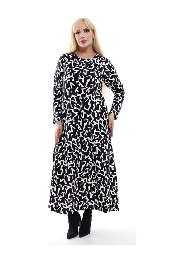 Kadın Büyük Beden Yumuşak Dokulu Siyah Beyaz Desenli Elbise Siyah - Beyaz Karışık Desen