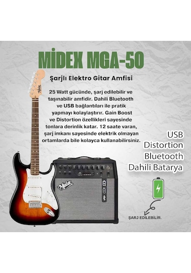 Midex Rph-30sb-50amp Gül Klavye Sss 50w Amfili Elektro Gitar Seti
