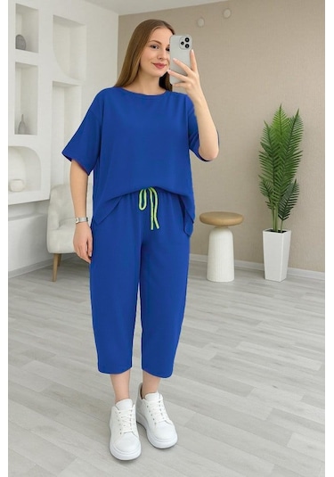Kadın Kısa Kollu Bisiklet Yaka Viskon Iki Iplik Bluz Ve Pantolon Ikili Takım Lacivert