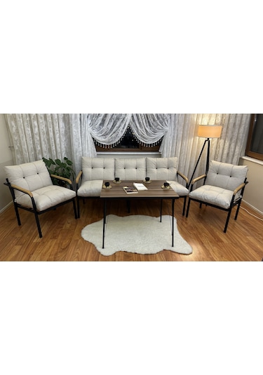 Modern Style Home Modern Kadıköy Balkon, Bahçe, Cafe - Metal Kanepe Koltuk Takımı - 3+1+1+masa Krem Modernk028 Krem