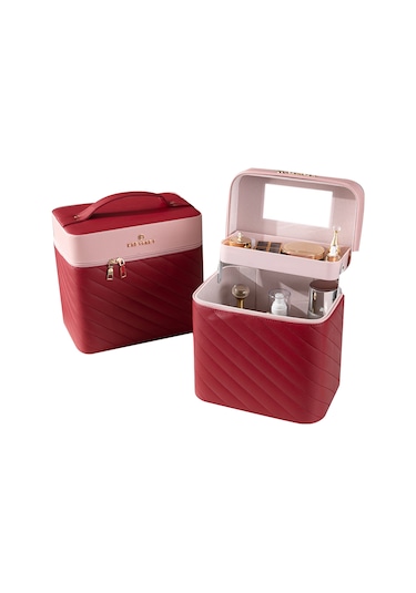 Hfambition Kırmızı Pu Materyal Çok Fonksiyonlu Büyük Kapasiteli Makyaj Çantası - Seyahat Ve Günlük Kullanıma Uygun, Ayna Ve Fırça Bölmeli