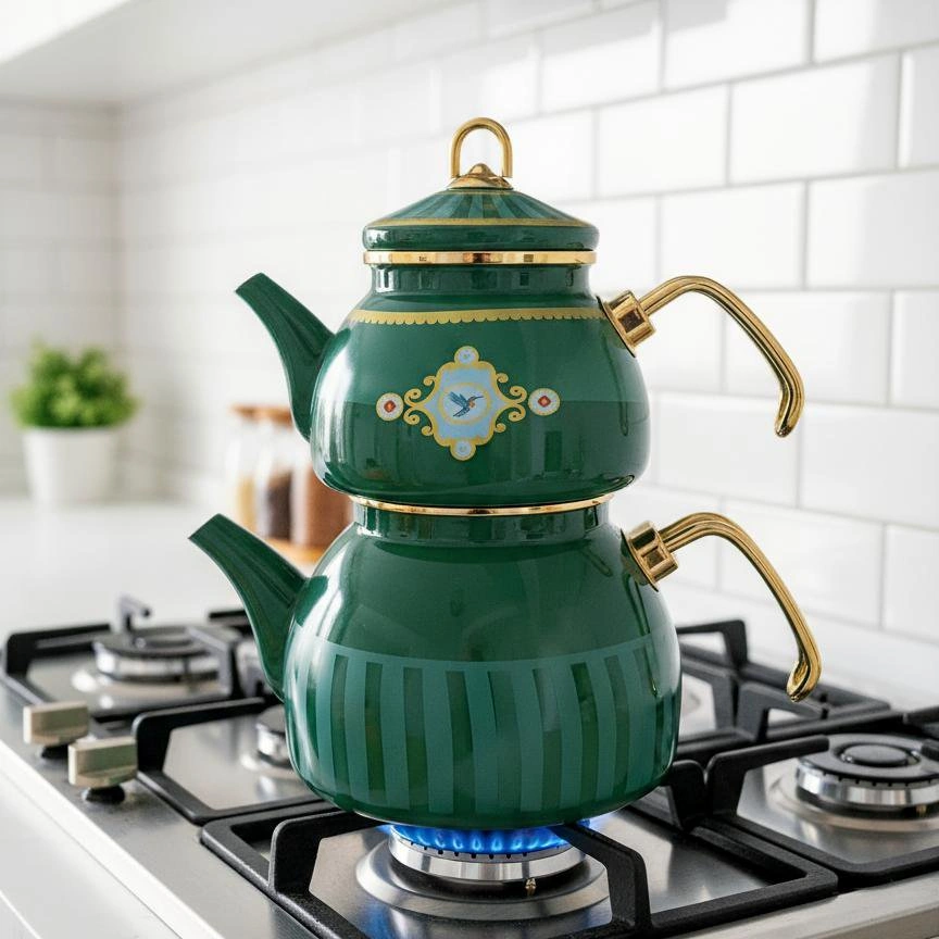 Bird Studio Yeşil Renk Emaye Çaydanlık Takımı 2 Lt. + 1 Lt. Yeşil