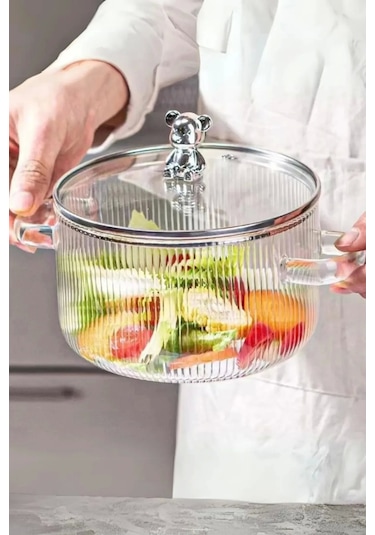 Madamev Cam Tencere Ayıcık Figürlü Minimalist Borosilikat Isıya Dayanıklı Ocaküstü Tencere 1500ml Şeffaf Çizgili