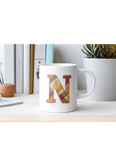 N Harfi Sonbahar Kış Temalı Yamalı Tasarım Kupa Bardak - Etnik Ve Pathwork Severlere Özel Hediye Beyaz