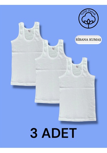 Yüksek Kalite Erkek Çocuk Pamuk Ribana Atlet Oval Yaka 3'lü Paket Beyaz