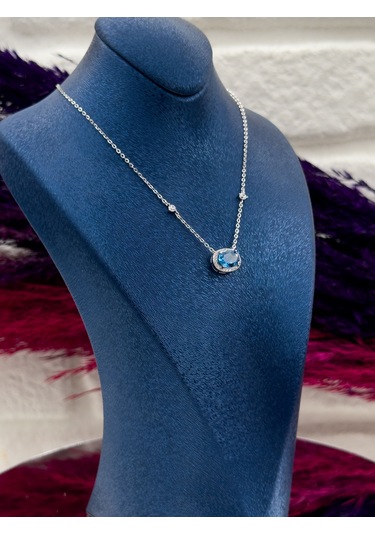 925 Ayar Gümüş Aquamarin Taşlı Özel Tasarım Zarif Kadın Kolye Gümüş
