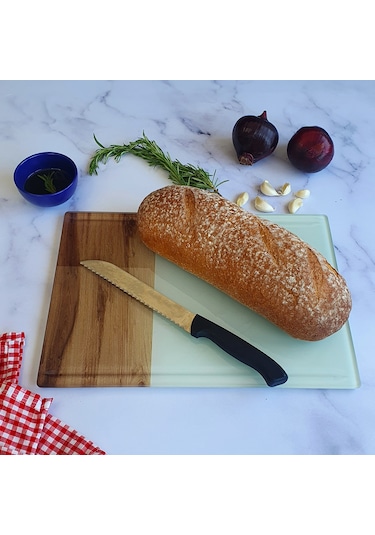 Decorita Kanallı Cam Kesme Tahtası Cam Kesme Tablası Kenarı Ahşap Desenli 25cm x 35cm