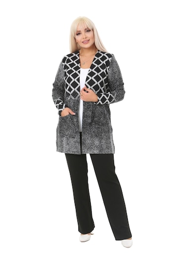 Melsay Butik Açık Gri Baklava Desen Kısa Büyük Beden Kadın Hırka Gri