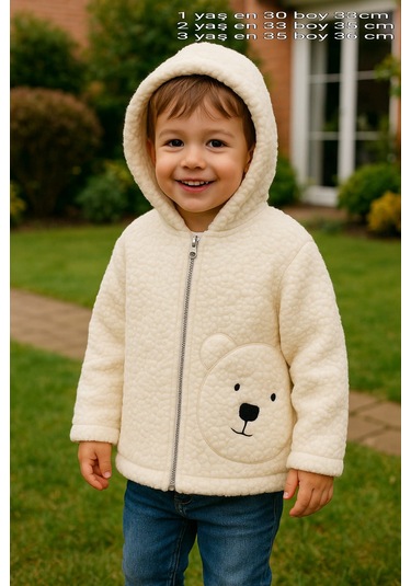 1-3 Yaş Kuzu Welsoft Kapşonlu Nakışlı Hırka Krem - Sarı