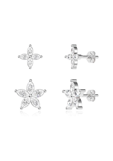 İndigo Takı İkili Çiçek Tohum Kombin Beyaz Gümüş Küpe