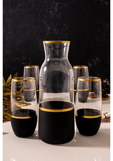 Mest Gst 365 6 Kişilik 7 Parça Siyah Ince Gold Su Bardağı Takımı - Yaldızlı Sürahili Siyah Ince Gold