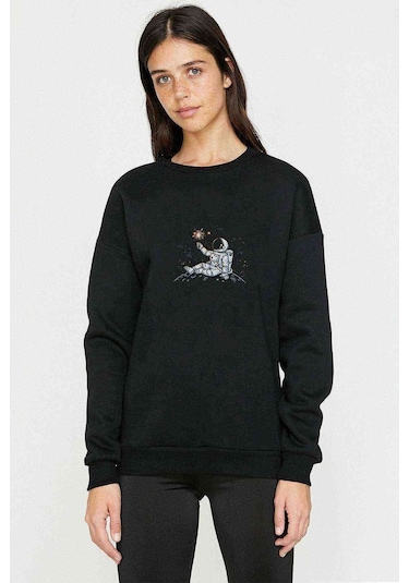 Firework Astro Uzayda Ay Çizim Baskılı Siyah Kadın Sweashirt