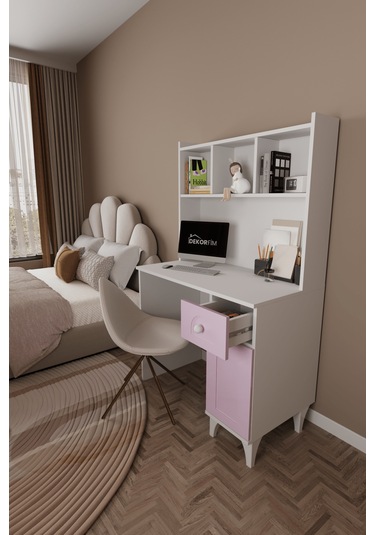 Df09106 Çekmeceli Kapaklı Kitaplıklı Çalışma Masası Bilgisayar Masası Pembe
