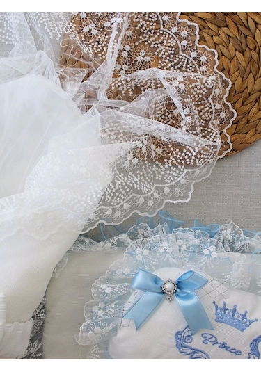 Yenidoğan Nil Taç Nakışlı Kundaklı Trilüks 3lü Alt Açma Seti Mavi Mavi