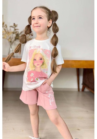 Riccotarz Kız Çocuk Papatya Ve The Beauty Yazı Baskılı Penye T-shirt Pudra Şortlu Takım Pudra