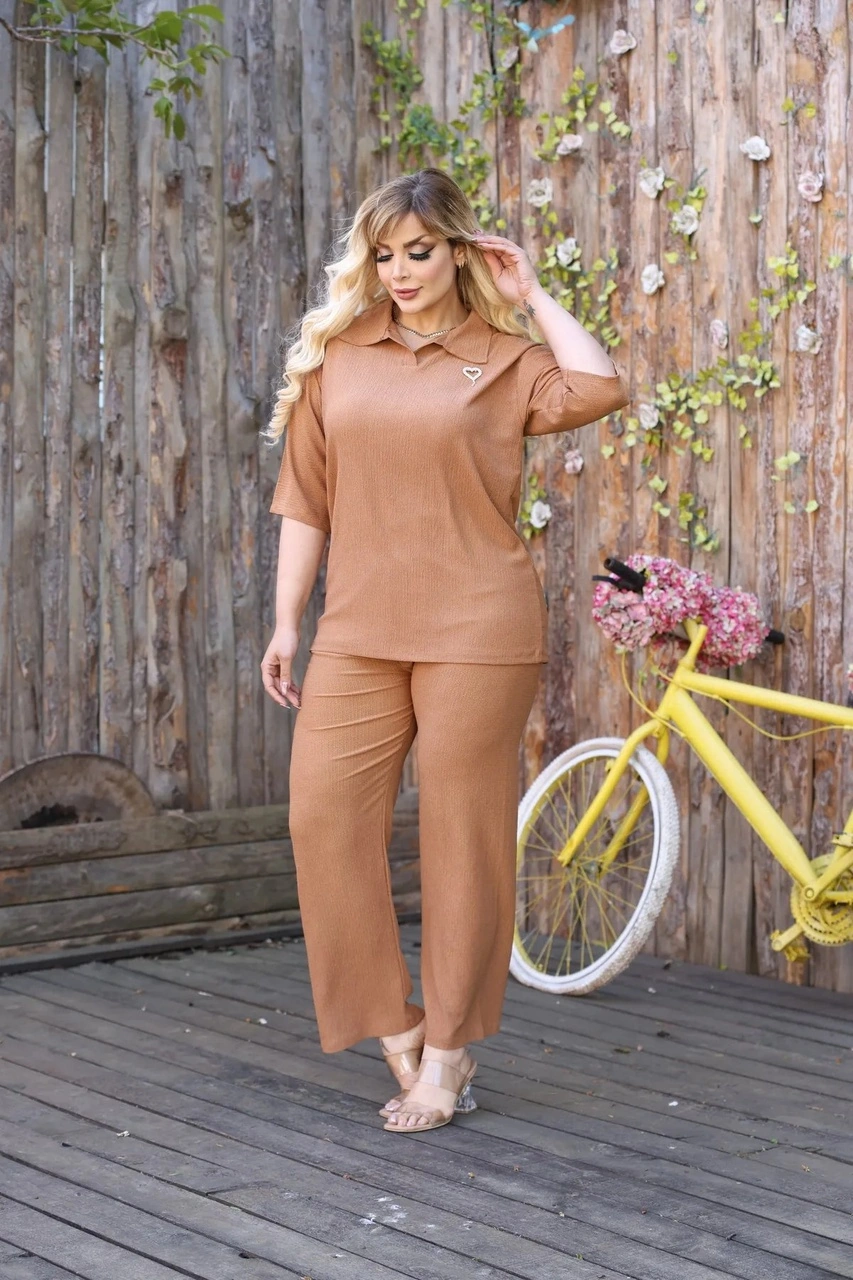 Kadın Günlük Patlı Gömlek Yaka Pantolon Takım Bürümcük Kumaş Camel