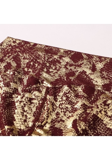 Fortunelane Kadınlar İçin Yüksek Bel Vücut Şekillendirici Yoga Taytları, Sudu Emici, Hızlı Kuruyan, Bronz Renkli Yılan Desenli, 9 Bordo