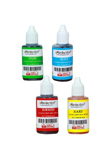 Perfection Chef 4'lü Sıvı Su Bazlı Likit Gıda Boyası Sarı Kırmızı Mavi Yeşil 4 X 30 Gr .