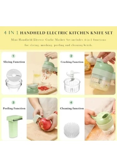 Pazly 4 Birleştirilmiş Elektrikli Sebze Doğrayıcı - Usb Şarjlı, Taşınabilir, Kolay Temizlenebilen Yeşil Model Diğer