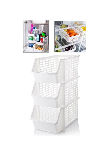 Bayev 3 Katlı Düzenleyici Toparlayıcı Kat Kat Mutfak Rafı Dolap Organizeri 3 Adet Erzak Sebze Kabı Beyaz