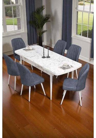 Bara Siyah Mermer 80x132 Açılabilir Sunta Masa Yemek Odası Takımı, Mutfak Takımı 6 Adet Sandalye Antrasit