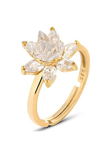 Zanaatsilver 925 Ayar Gümüş 14k Altın Kaplama Lotus Nilüfer Çiçeği Yüzük