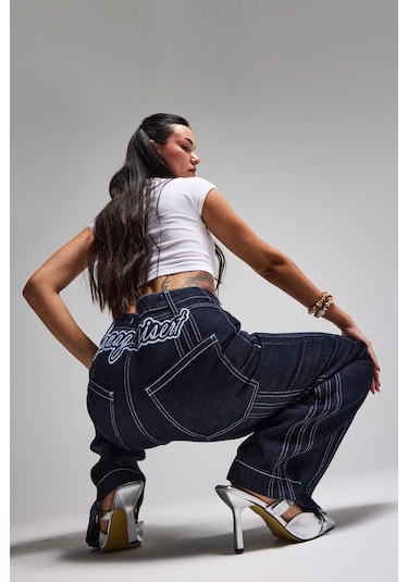 Itsbasic Kadın İndigo Selvedge 7s6-50 Süper Baggy Fit Nakışlı Tasarım Denim Jean