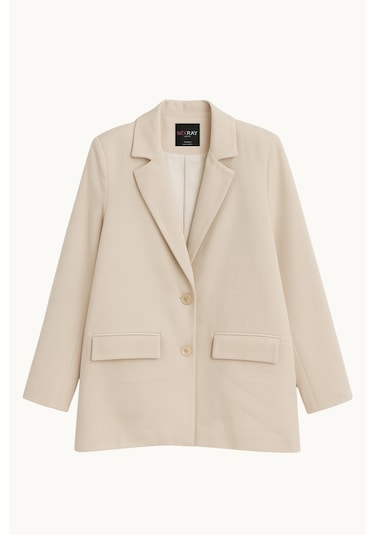 Mixray 4786 Kadın Oversize Kruvaze Blazer Ceket Beyaz Beyaz