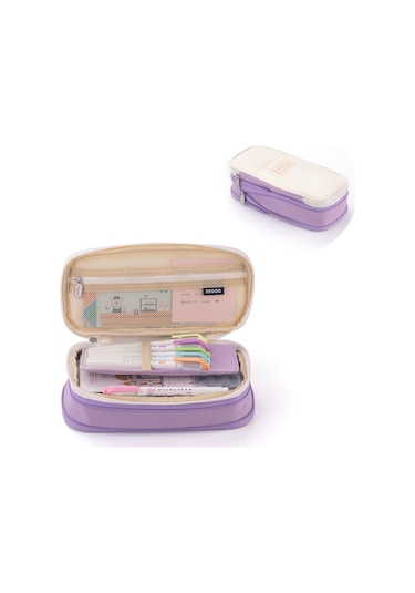 Şık Ve Büyük Kapasiteli Kalem Kutusu, Kalem Çantası Ve Kese Kutusu, Kızlar İçin Mor Desenli Okul Malzemesi Bej