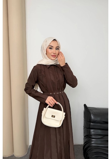 Mihran Butik Quenn Model Coupra Model Kumaş Kemer Detaylı Elbise Kahverengi