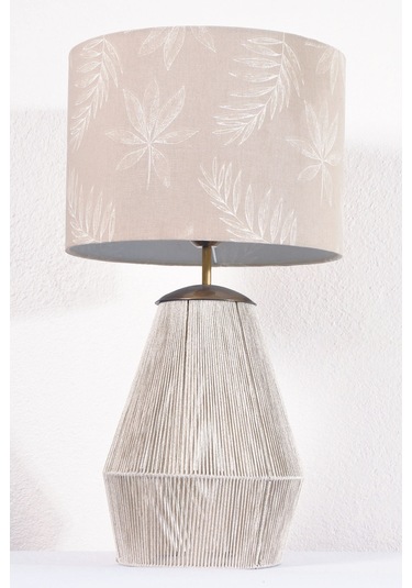 Desenli Başlıklı El Yapımı Simli Beyaz İp Abajur Beyaz