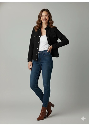 Kadın Taba Zarif Kısa Ceket Toka Detaylı Dik Yaka Cepli Süet/kaşe Baharlık Ceket Siyah