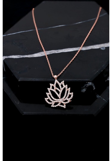 Zirkon Taşlı Rose Renk Lotus Gümüş Bayan Kolye
