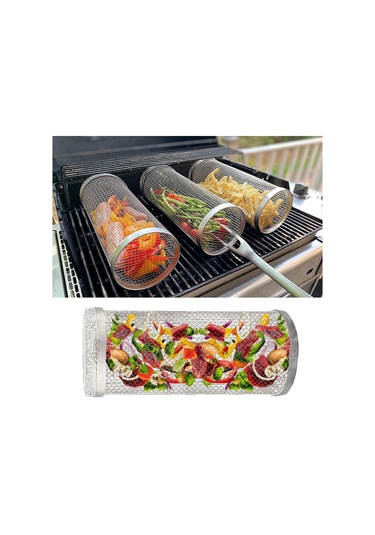 Açık Hava Izgarası İçin Tekerlekli Izgara Sepeti, Paslanmaz Çelik Tel Örgü Silindir Izgara, Barbekü Açık Hava Izgara Ağı Barbekü Ağı Silindiri 7,78 İnç 20 Cm