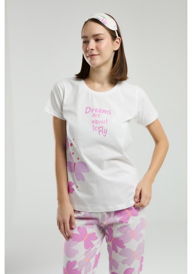 Roly Poly Dreams Are Meant To Fly Kadın Beyaz Kısa Kol Pijama Takım Beyaz