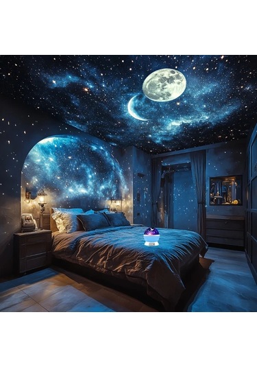 Honeybeeshop 1 Adet Blue Yıldız Ve Ay Gece Lambası Usb Güçlü 360 Döner Taban Yatak Ofis Dekorasyonu Ay Evreleri Modern Astronomi Aydınlatma Hediye Ahşap