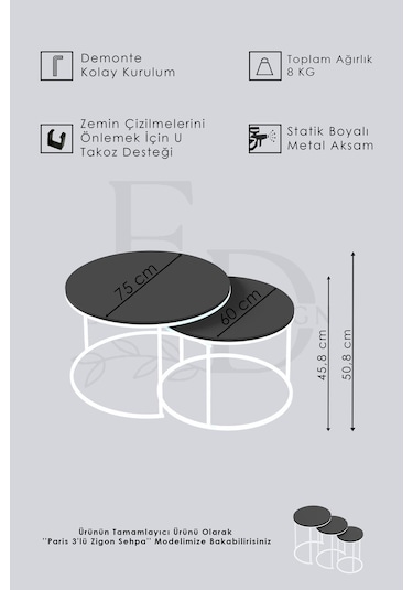 Paris Orta Sehpa 2'li Siyah Metal - Barok Tabla