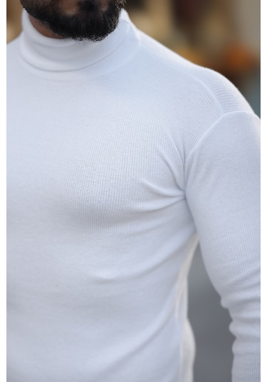 Erkek Beyaz Boğazlı Triko Kazak Beyaz