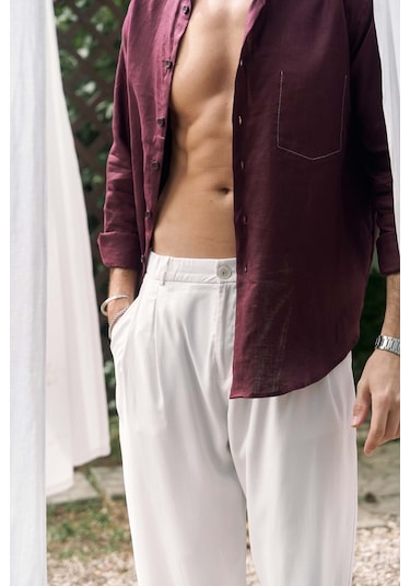 Mai Collection Mai Studios Co. Ombretta Bordo Keten Oversize Erkek Gömlek Bordo