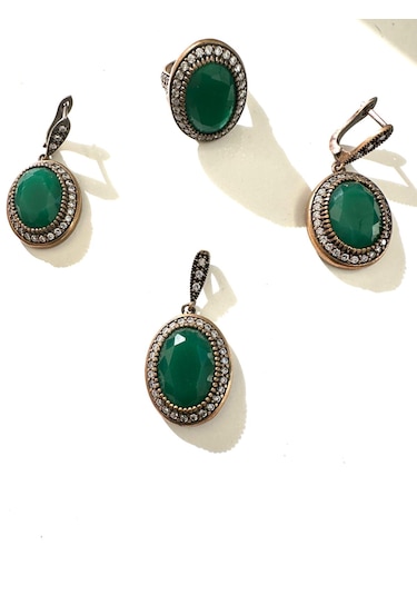 Otantik Yeşim Ve Zirkon Taşlı Gümüş Set Takım 925 Ayar