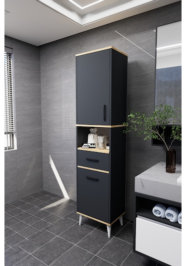 Lula Çok Amaçlı Dolap Banyo Dolabı Kirli Çamaşır Sepeti Dolabı Antrasit Antrasit