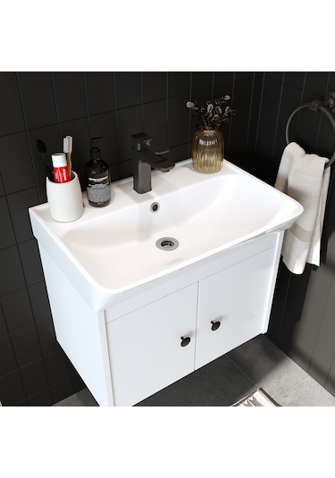 Lavabolu Mat Suntalam 60 Cm Banyo Dolabı + Aynalı Üst Dlp Beyaz Mat Beyaz