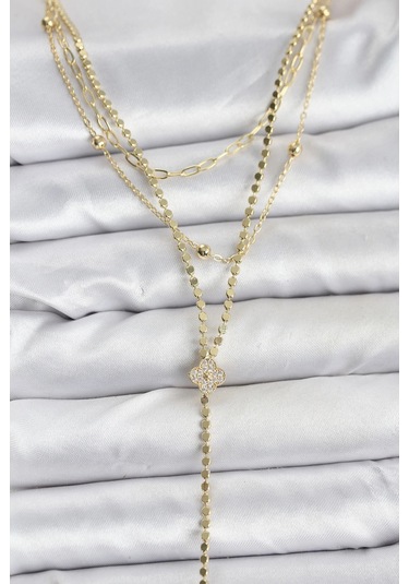 Dodes Dodes Pirinç Gold Renk Zirkon Taşlı Yonca Model Detaylı 3'lü Kombin Y Kadın Kolye Tg27bko10699 Çok Renkli